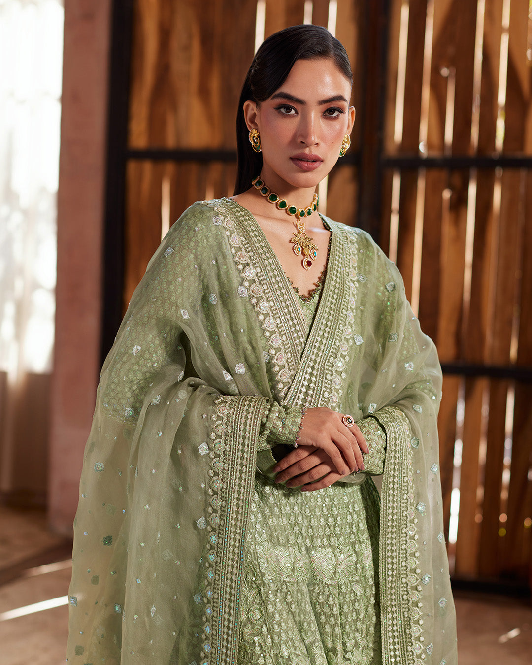 Sage Green Embroidered Chiffon Pishwas (3-Piece) - Image 4