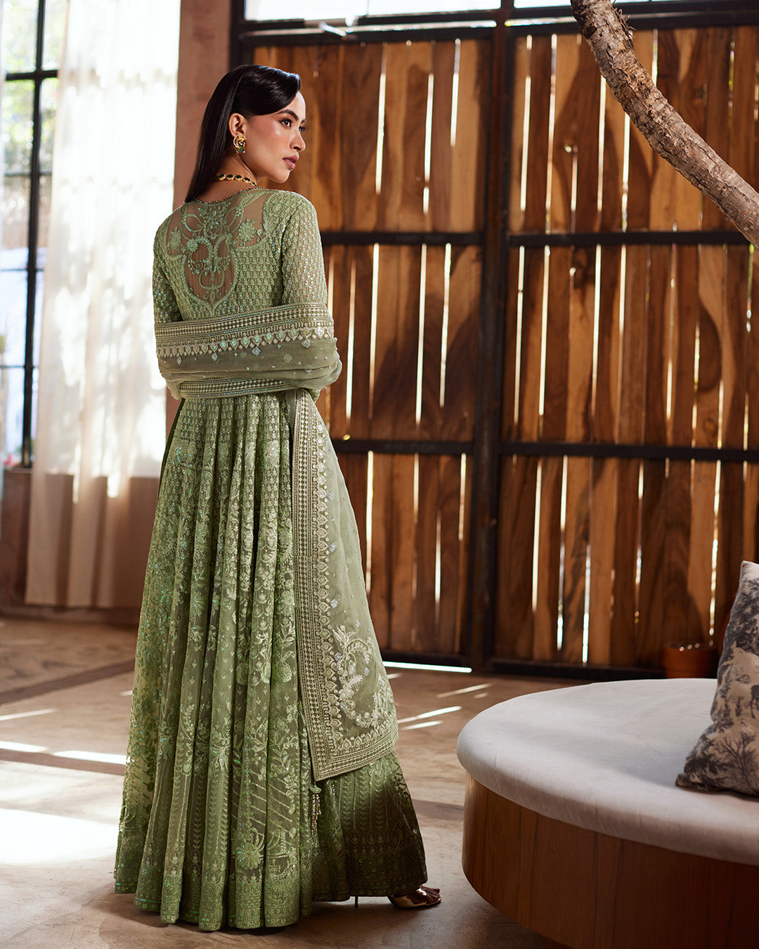 Sage Green Embroidered Chiffon Pishwas (3-Piece) - Image 5
