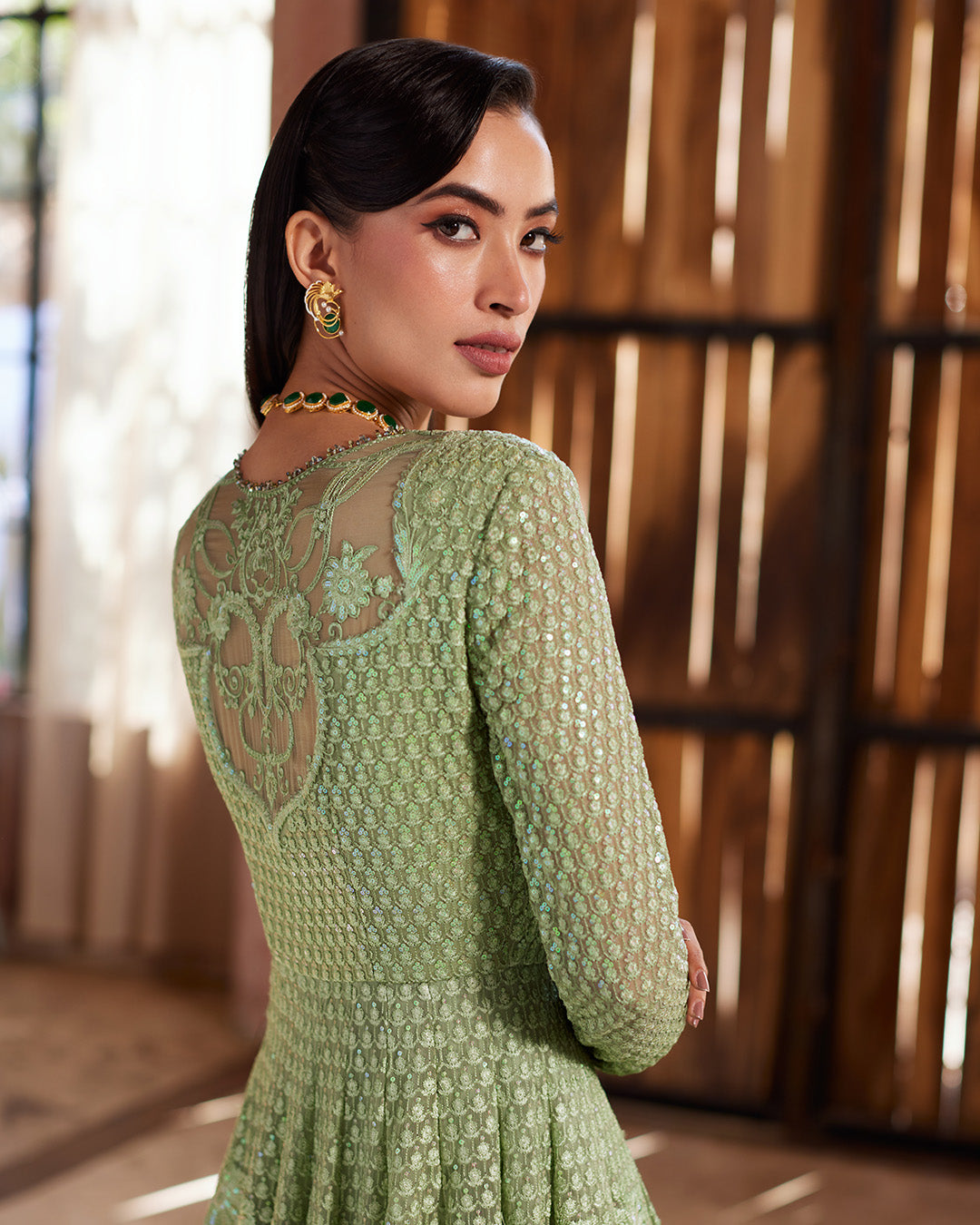 Sage Green Embroidered Chiffon Pishwas (3-Piece) - Image 6