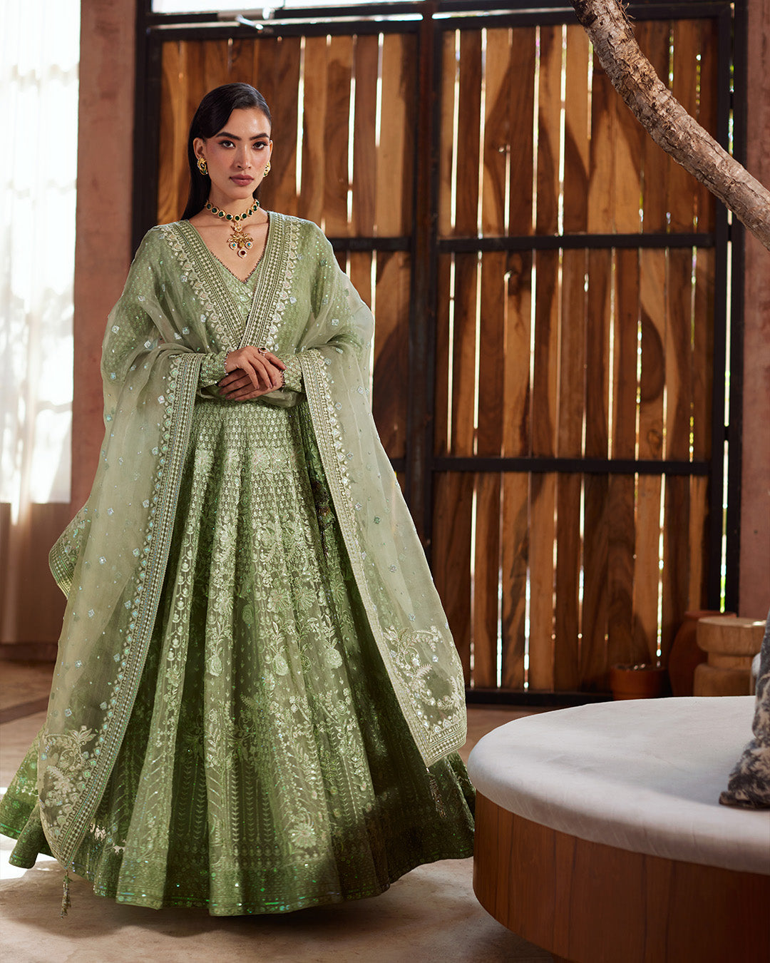 Sage Green Embroidered Chiffon Pishwas (3-Piece) - Image 3