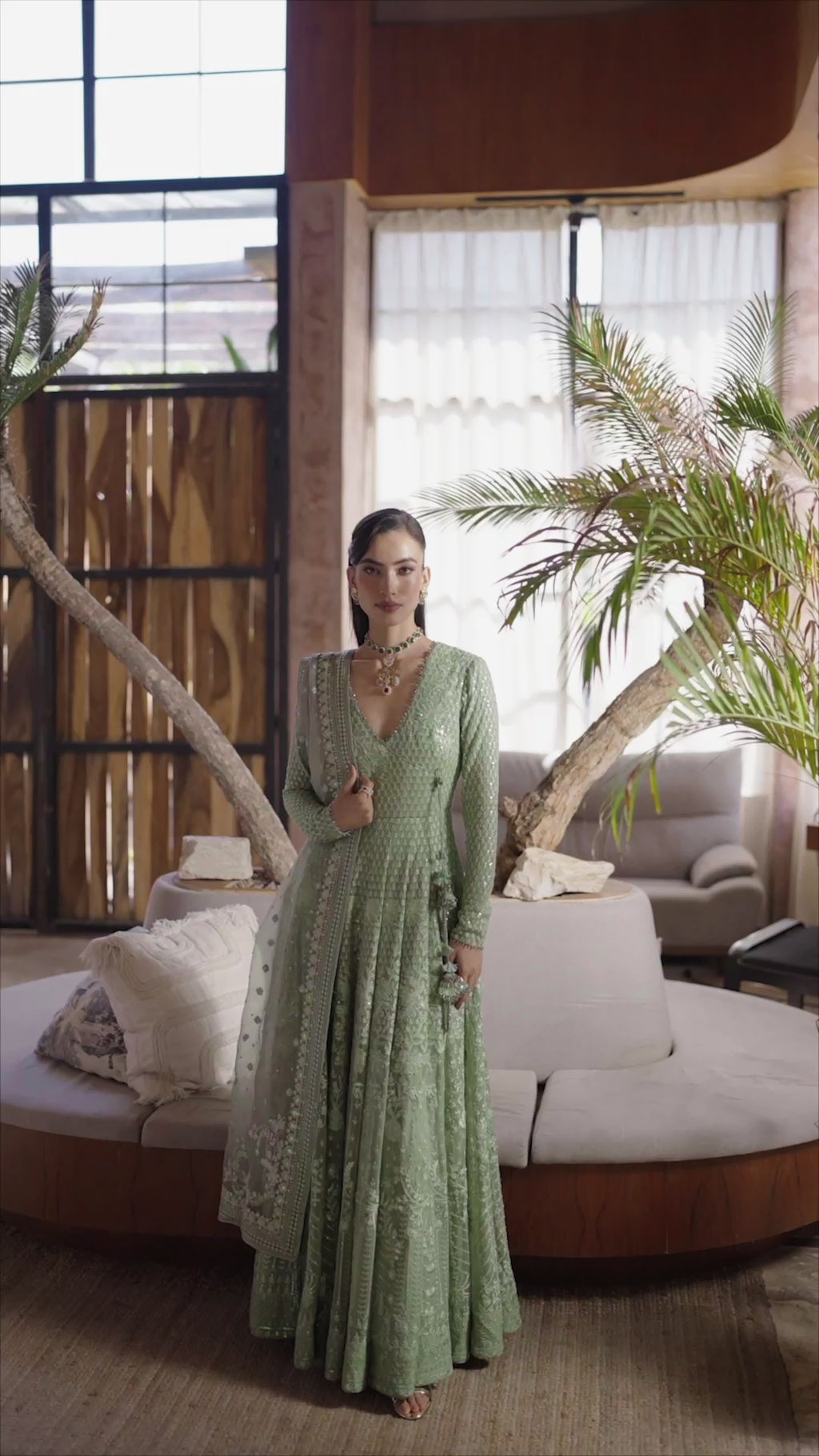 Sage Green Embroidered Chiffon Pishwas (3-Piece) - Image 7