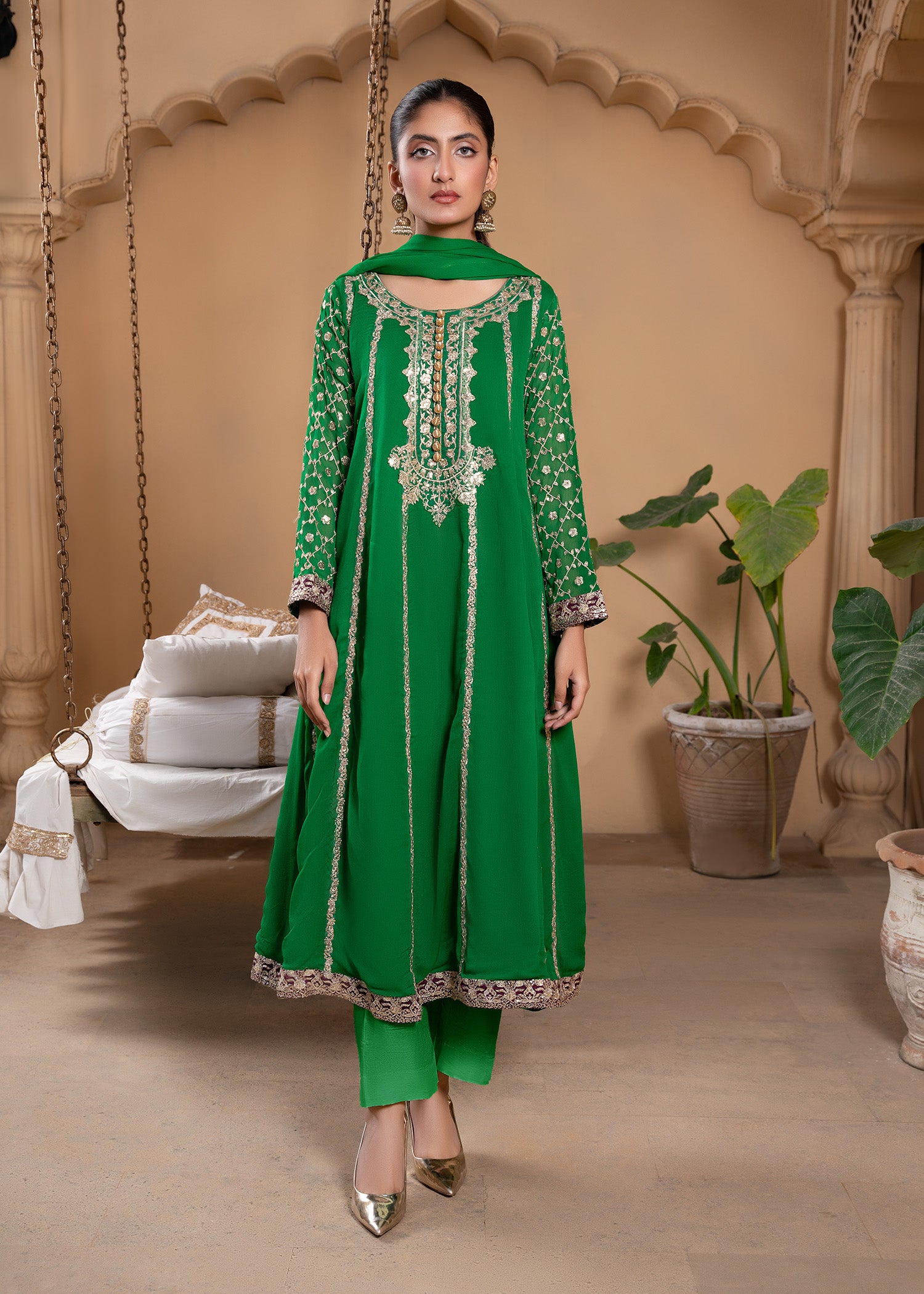 Emerald Green Sequin Embroidered Chiffon Pishwas (3-Piece) - Image 1