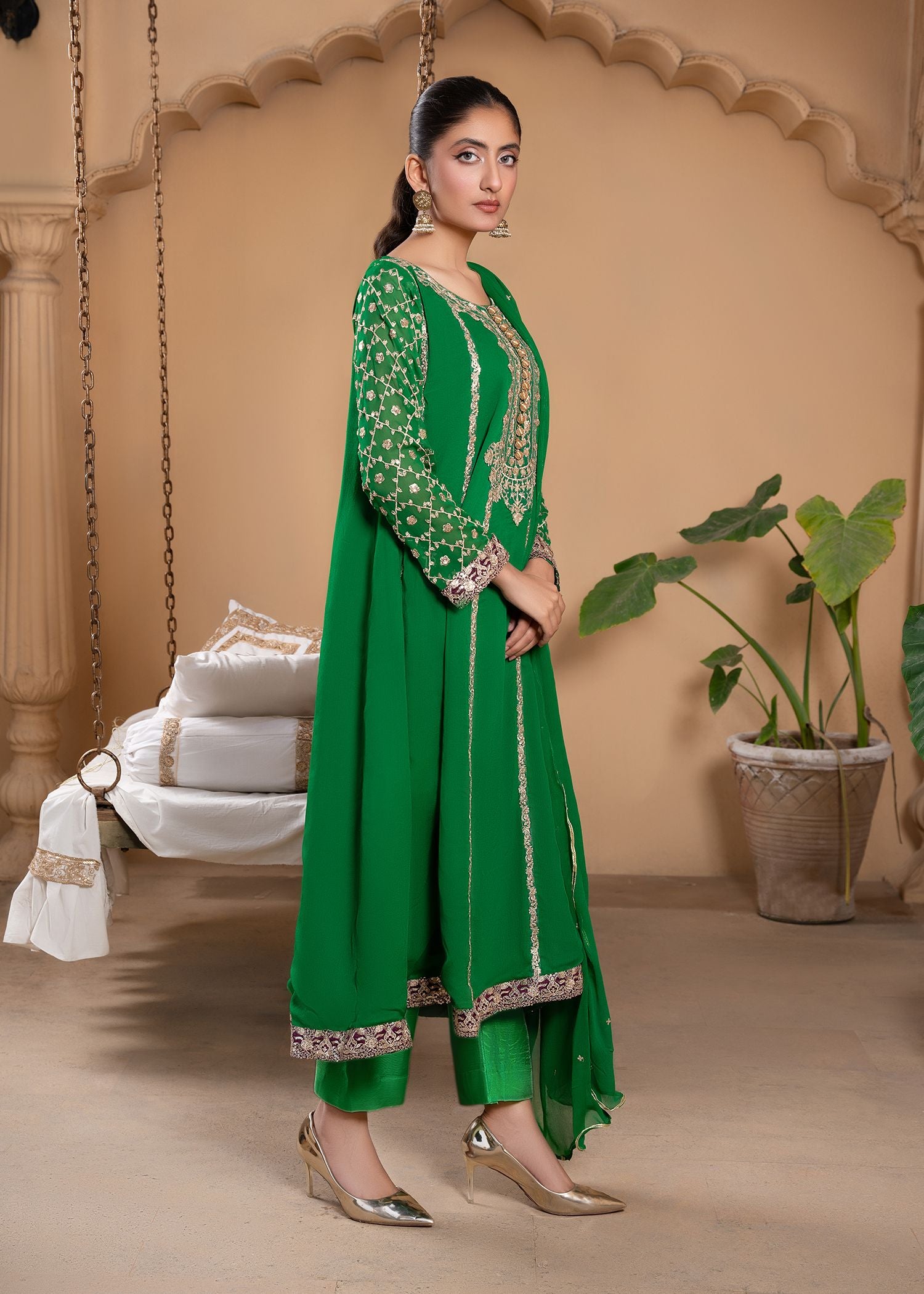 Emerald Green Sequin Embroidered Chiffon Pishwas (3-Piece) - Image 2