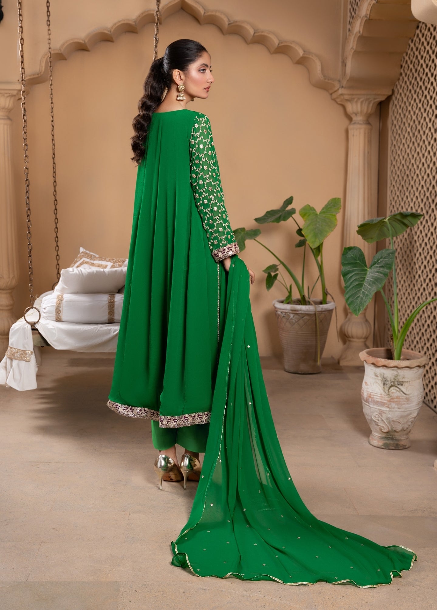 Emerald Green Sequin Embroidered Chiffon Pishwas (3-Piece) - Image 3