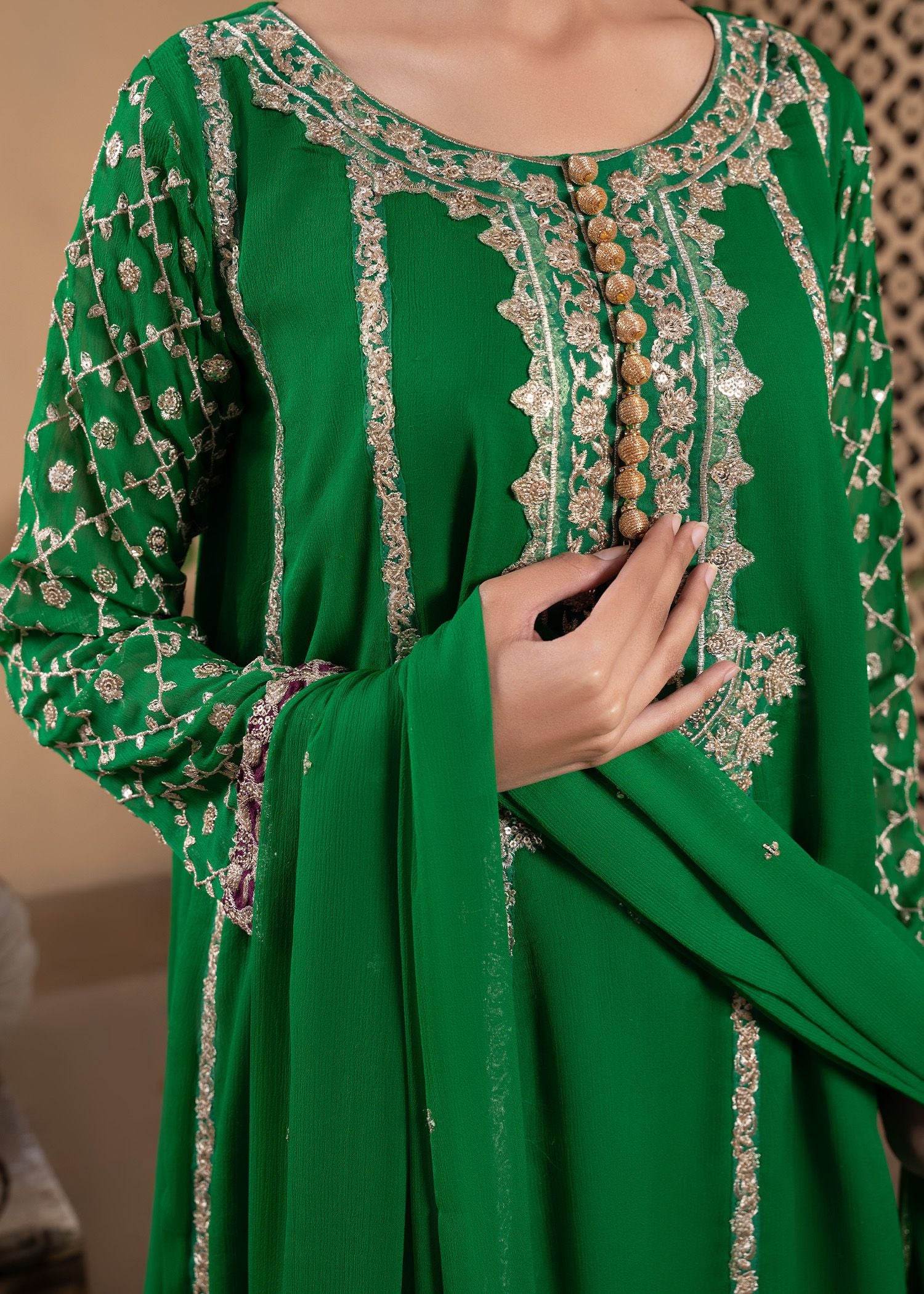 Emerald Green Sequin Embroidered Chiffon Pishwas (3-Piece) - Image 4
