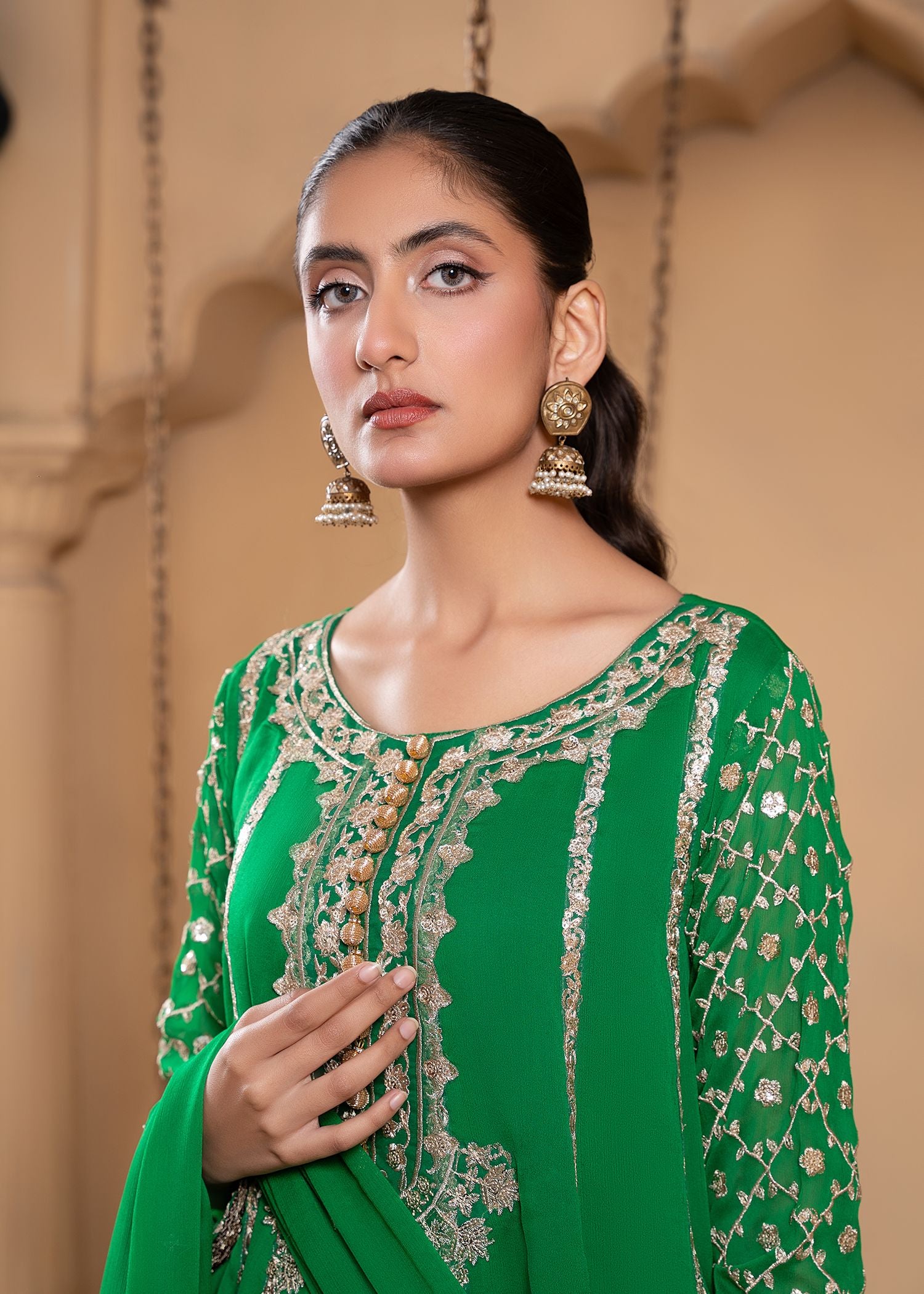 Emerald Green Sequin Embroidered Chiffon Pishwas (3-Piece) - Image 5