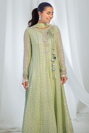 Light Mint Green Embroidered Chiffon Pishwas (3-Piece) - Image 2