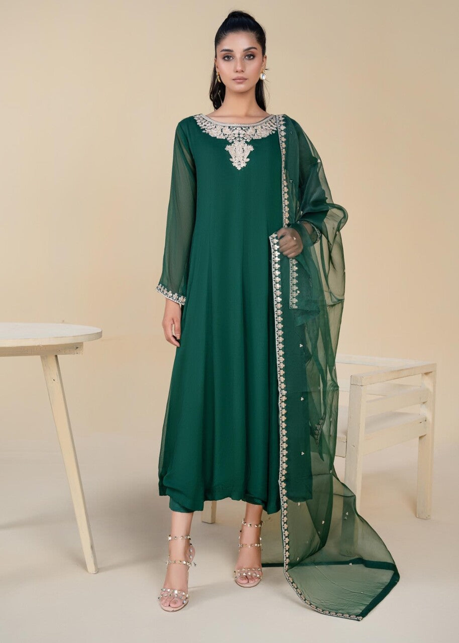 Emerald Green Embroidered Chiffon Pishwas (3-Piece) - Image 1