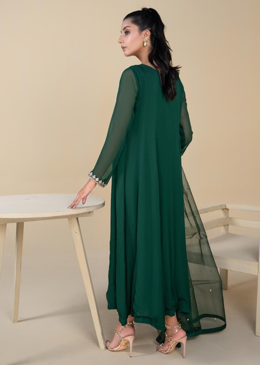 Emerald Green Embroidered Chiffon Pishwas (3-Piece) - Image 3