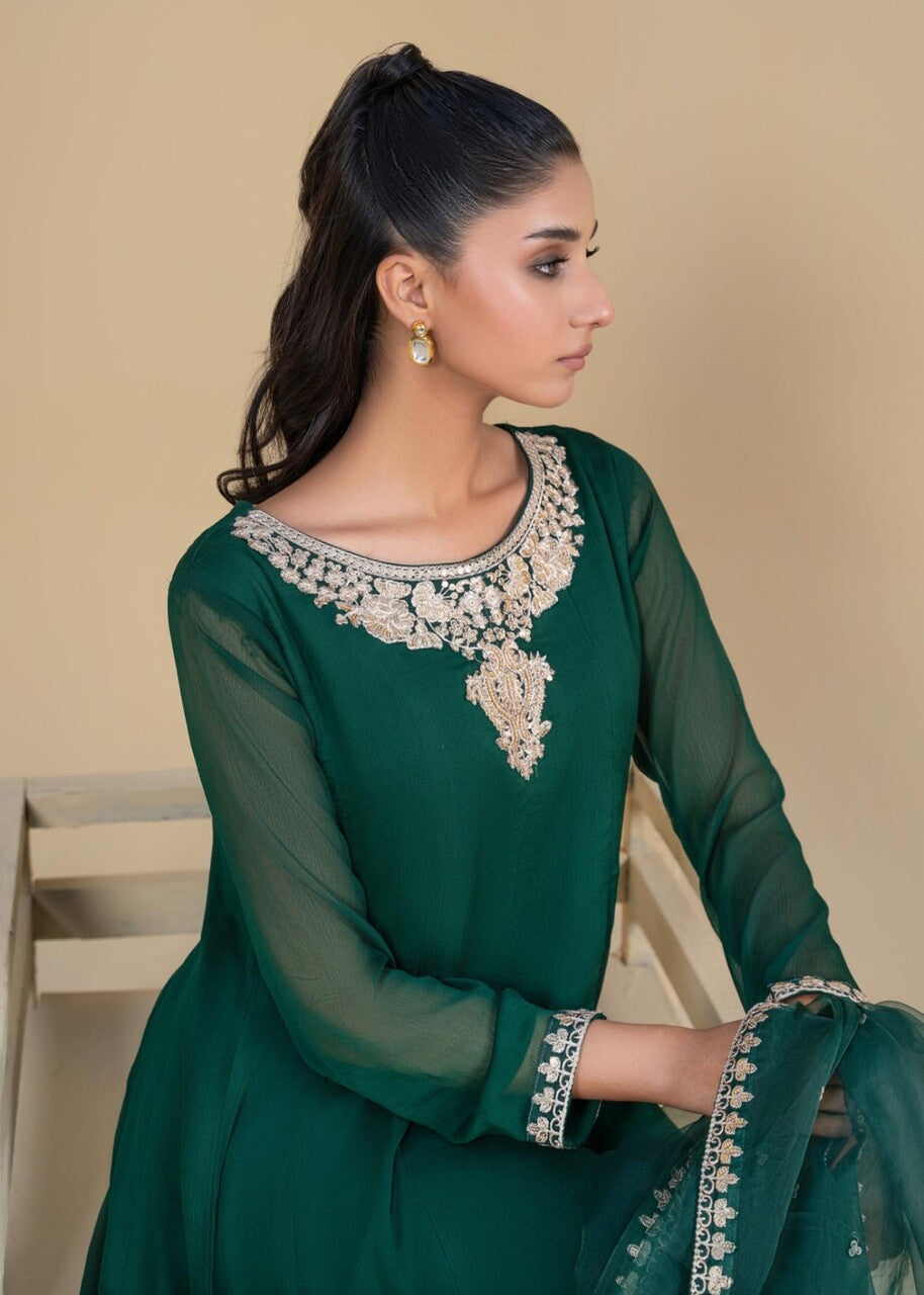 Emerald Green Embroidered Chiffon Pishwas (3-Piece) - Image 4