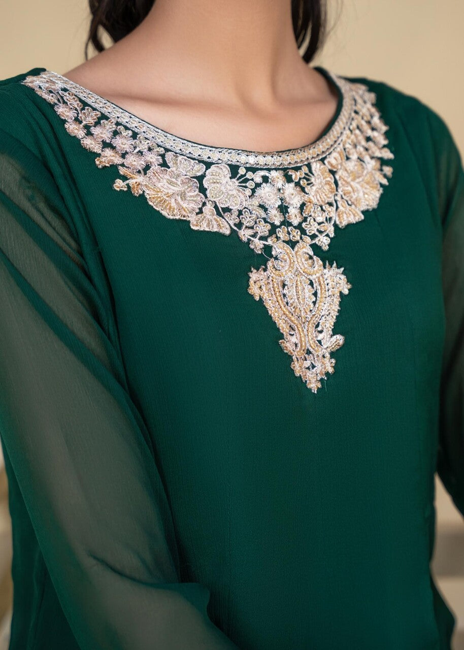 Emerald Green Embroidered Chiffon Pishwas (3-Piece) - Image 5