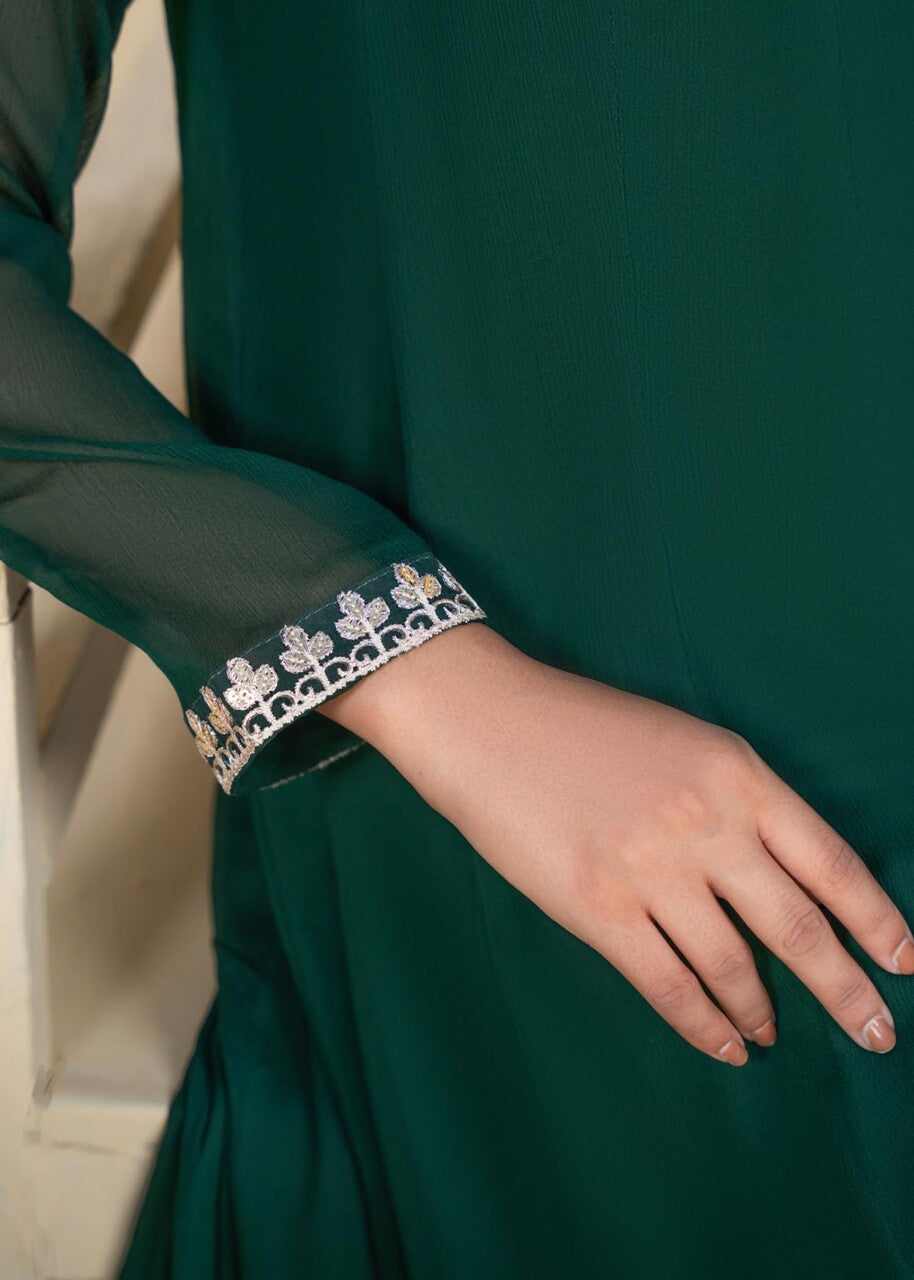 Emerald Green Embroidered Chiffon Pishwas (3-Piece) - Image 6