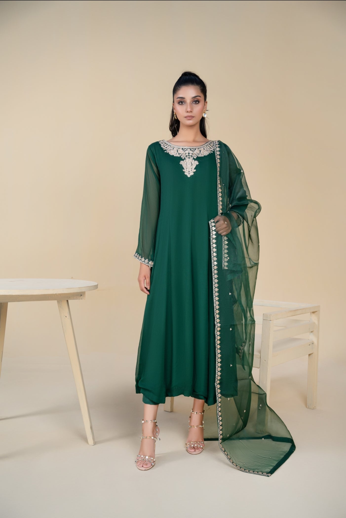 Emerald Green Embroidered Chiffon Pishwas (3-Piece) - Image 7