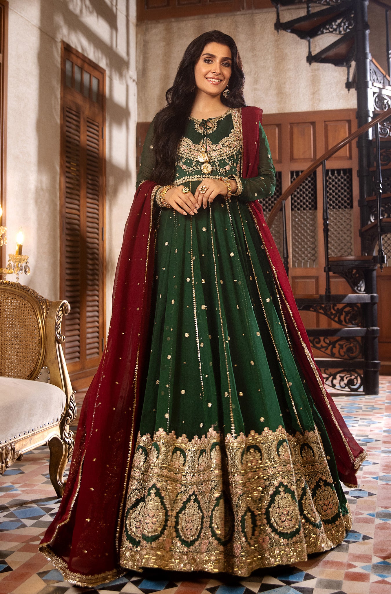 Bottle Green Embroidered Chiffon Pishwas (2-Piece) - Image 1