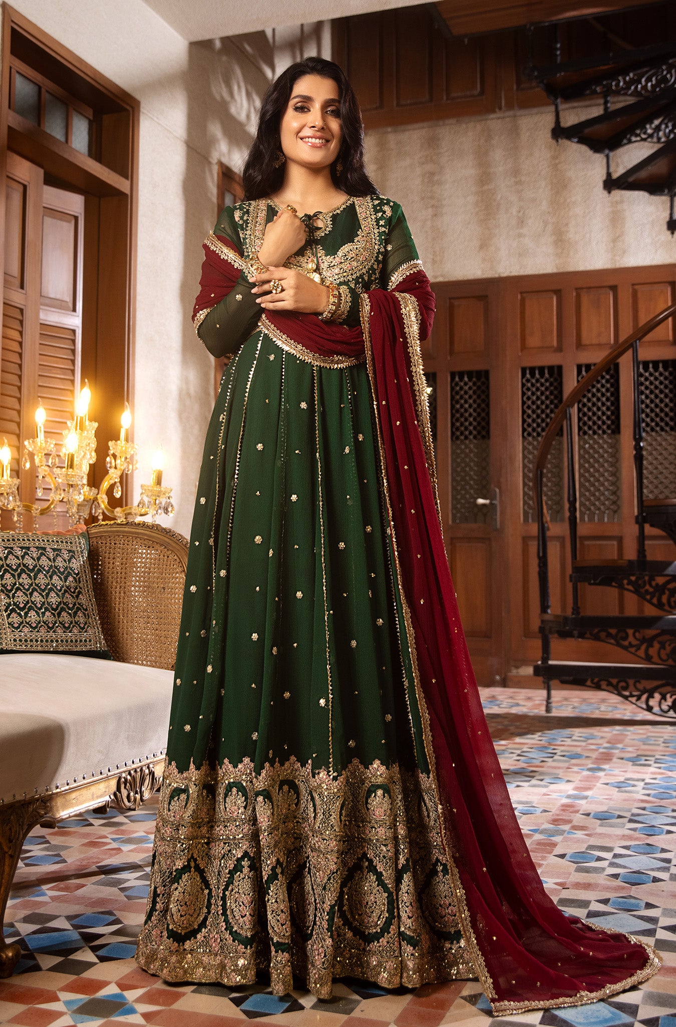 Bottle Green Embroidered Chiffon Pishwas (2-Piece) - Image 2
