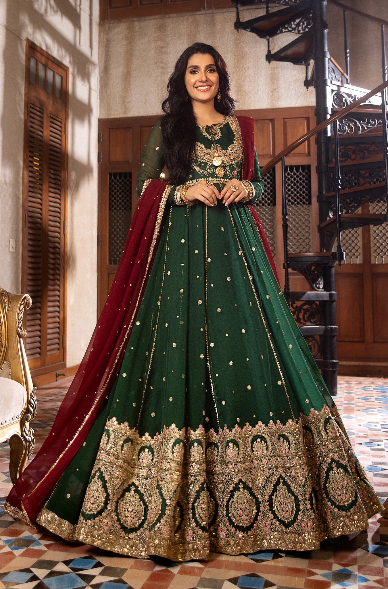 Bottle Green Embroidered Chiffon Pishwas (2-Piece) - Image 3