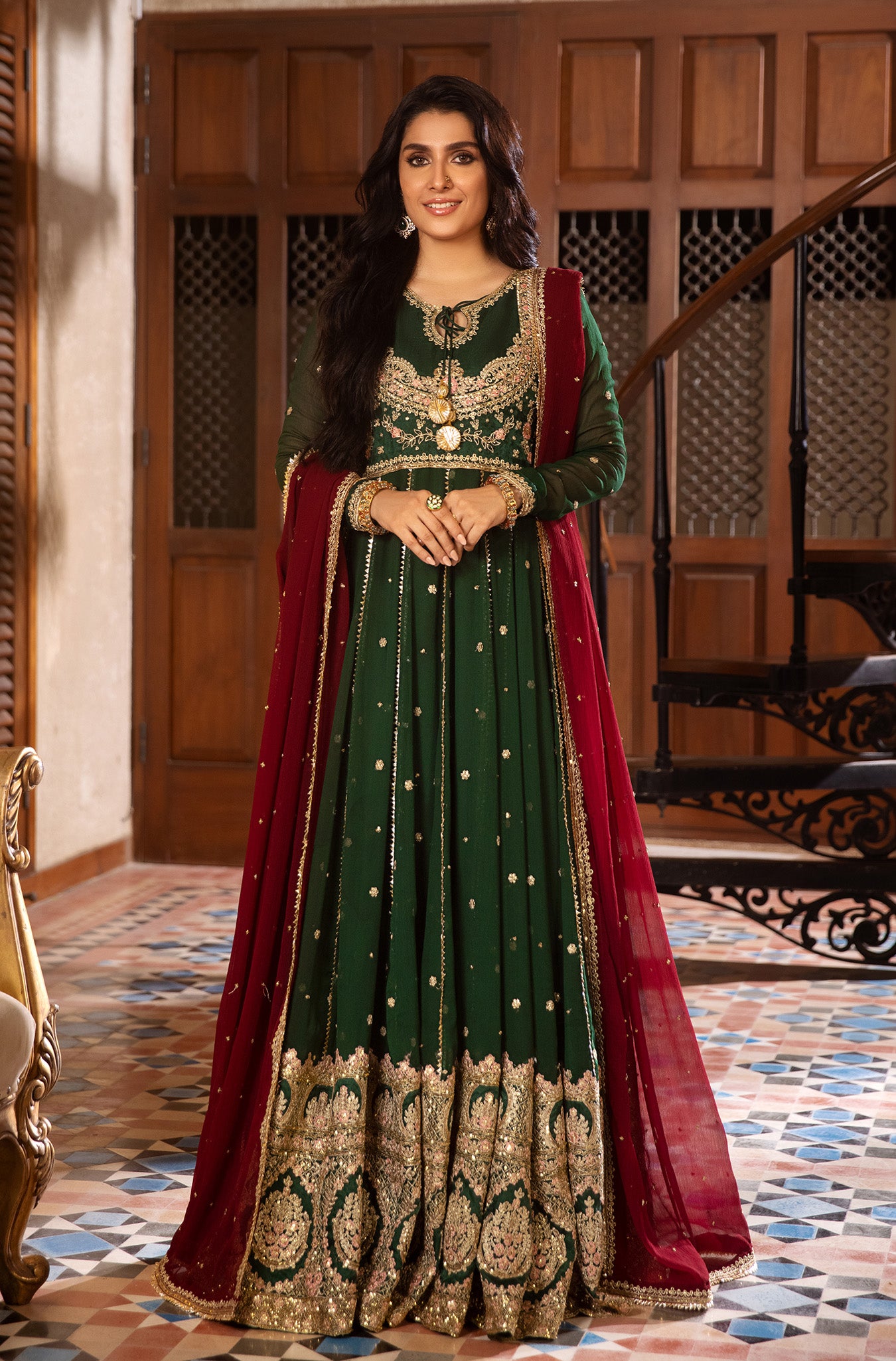 Bottle Green Embroidered Chiffon Pishwas (2-Piece) - Image 5