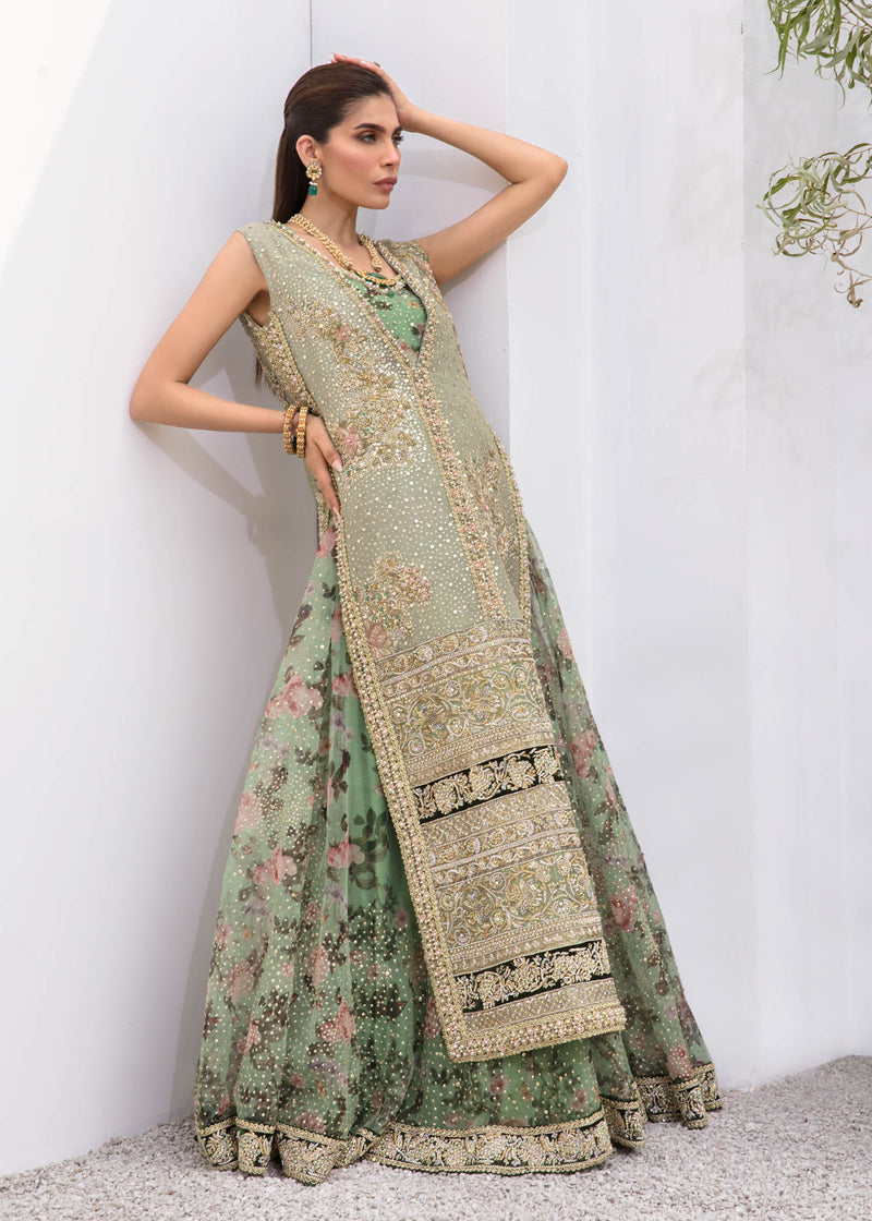 Mint Green Embroidered Cotton Net & Organza Pishwas (2-Piece) - Image 1