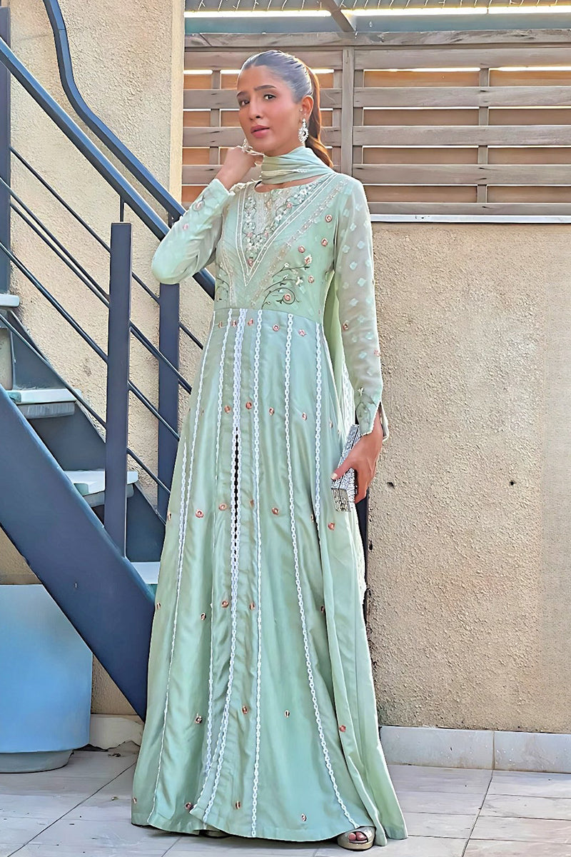 Pista Green Embroidered Cotton Net Peshwas Gown (2-Piece) - Image 1