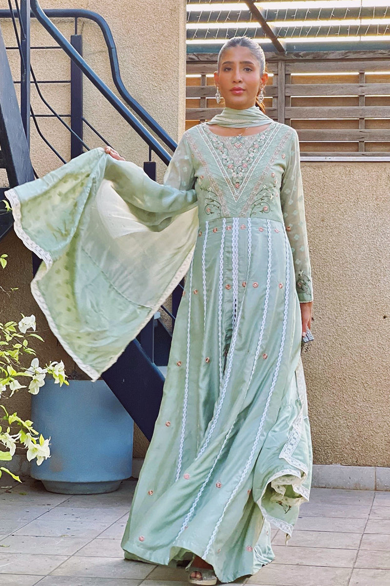 Pista Green Embroidered Cotton Net Peshwas Gown (2-Piece) - Image 2