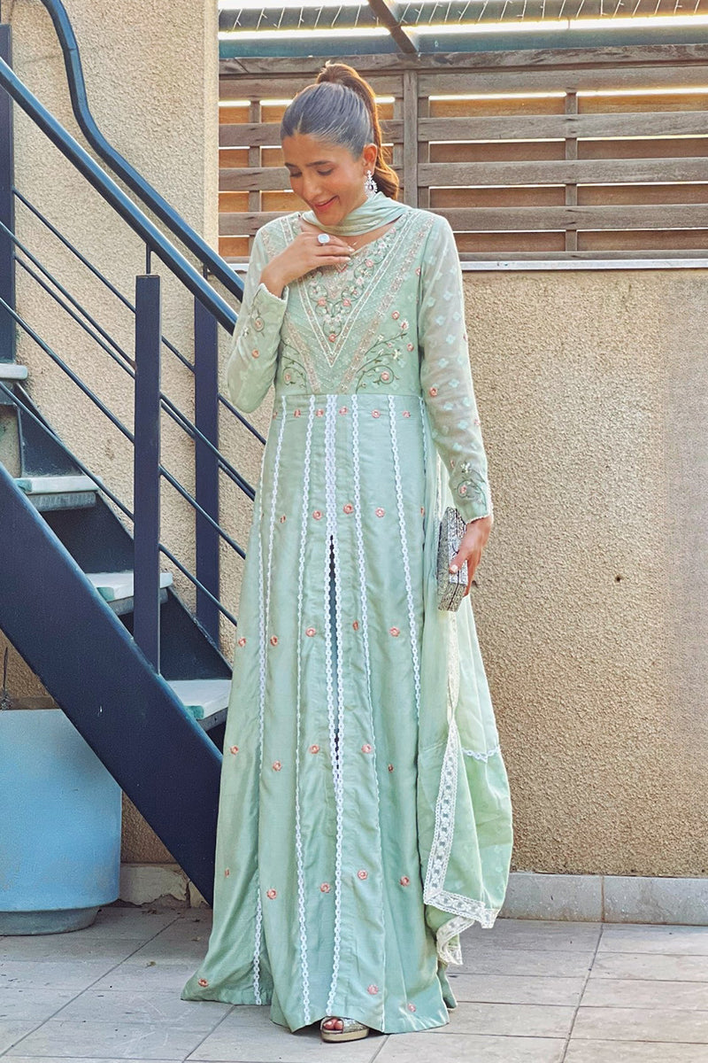 Pista Green Embroidered Cotton Net Peshwas Gown (2-Piece) - Image 3
