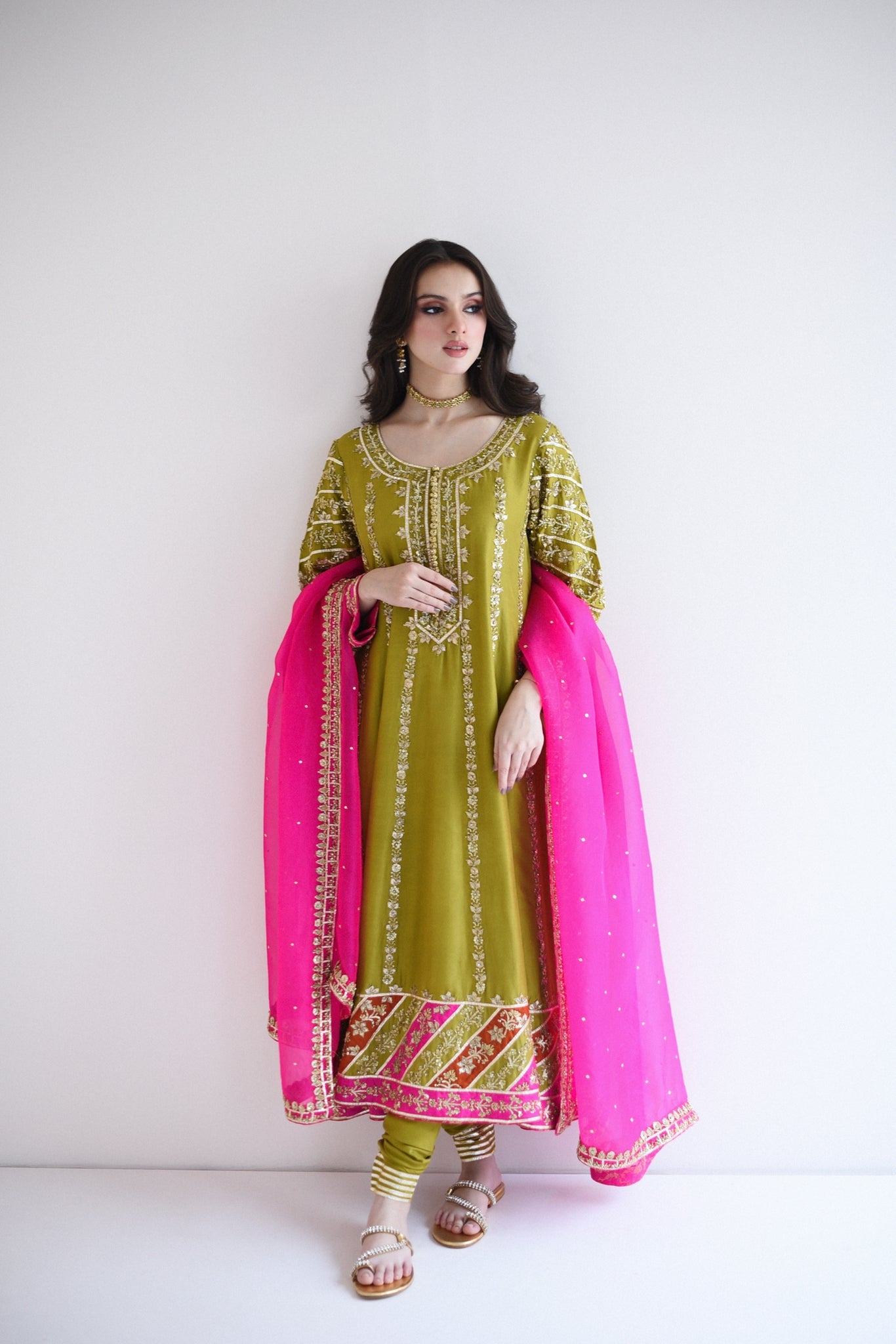 Dhani Green Zardozi Cotton Net Pishwas (3-Piece) - Image 1