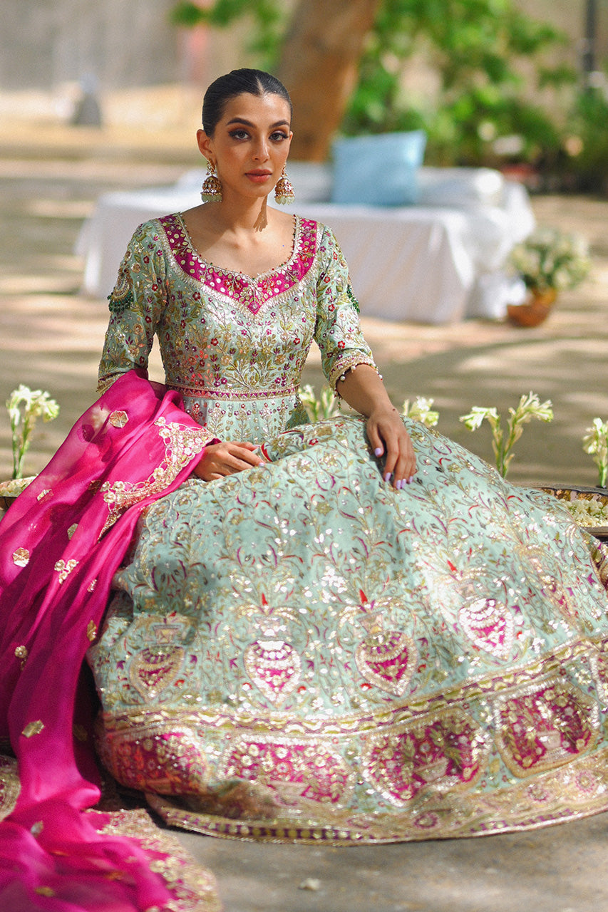 Pakistani Celadon Zardozi Resham Cotton Net Pishwas (2-Piece) - Image 1