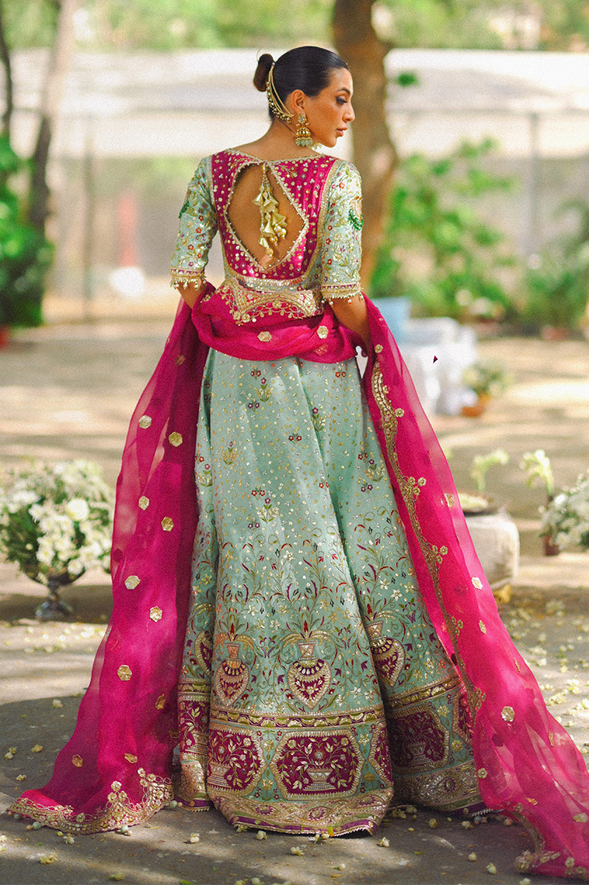 Pakistani Celadon Zardozi Resham Cotton Net Pishwas (2-Piece) - Image 2