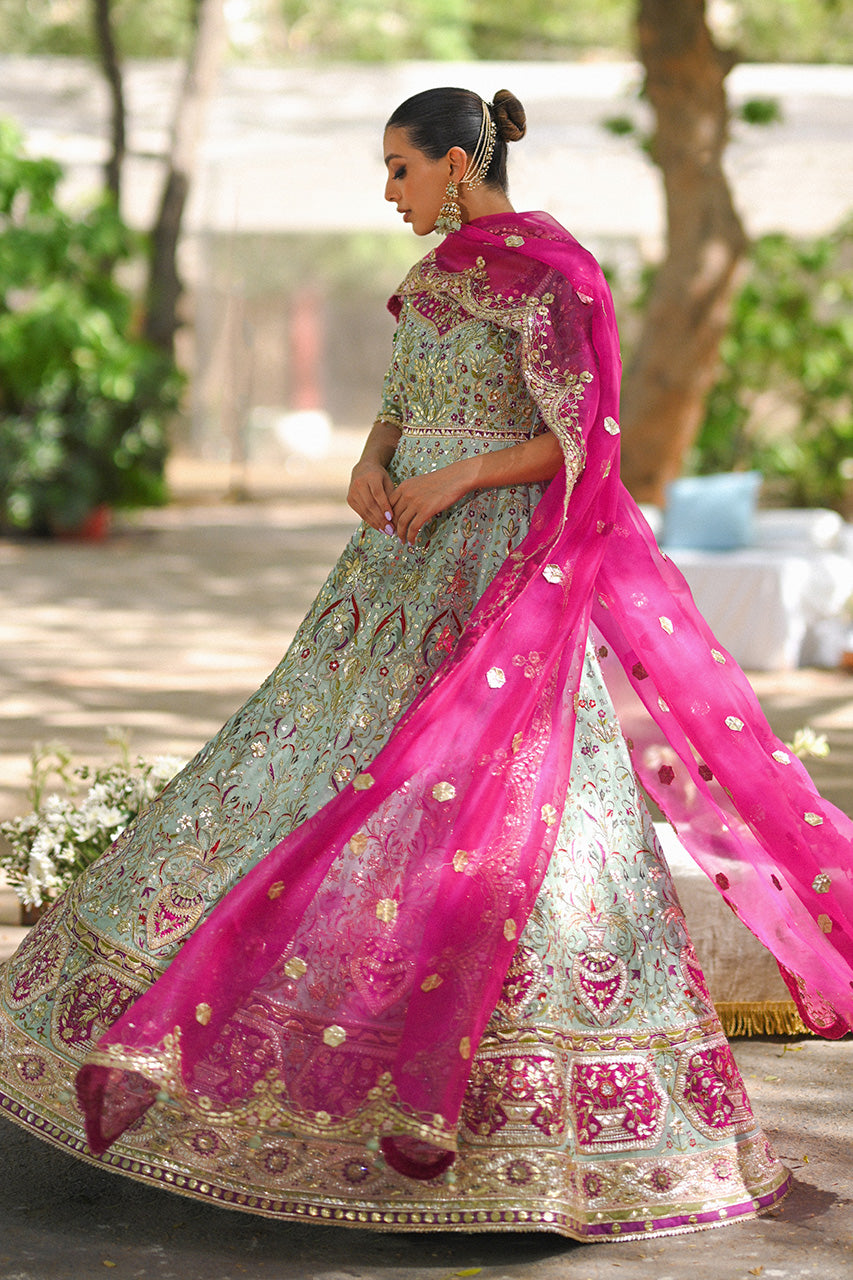 Pakistani Celadon Zardozi Resham Cotton Net Pishwas (2-Piece) - Image 4