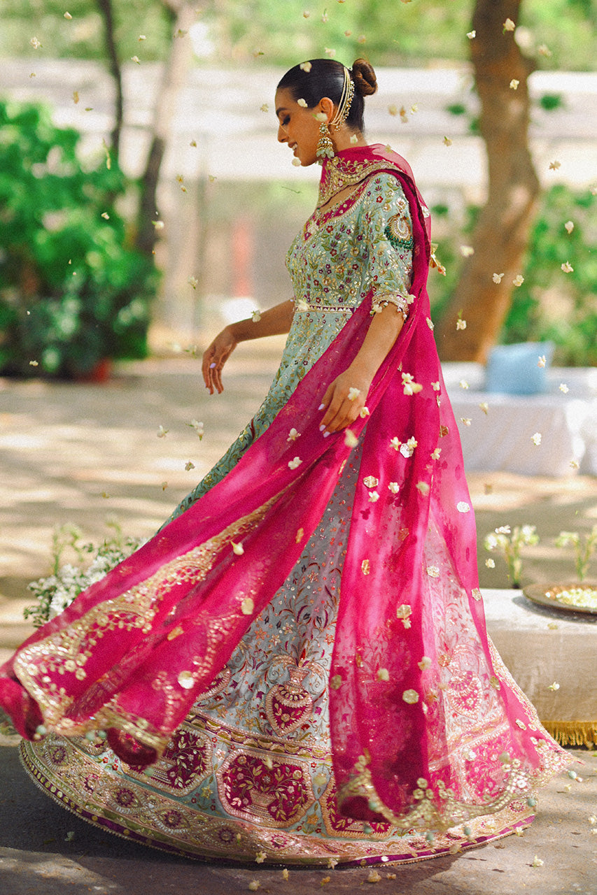 Pakistani Celadon Zardozi Resham Cotton Net Pishwas (2-Piece) - Image 5