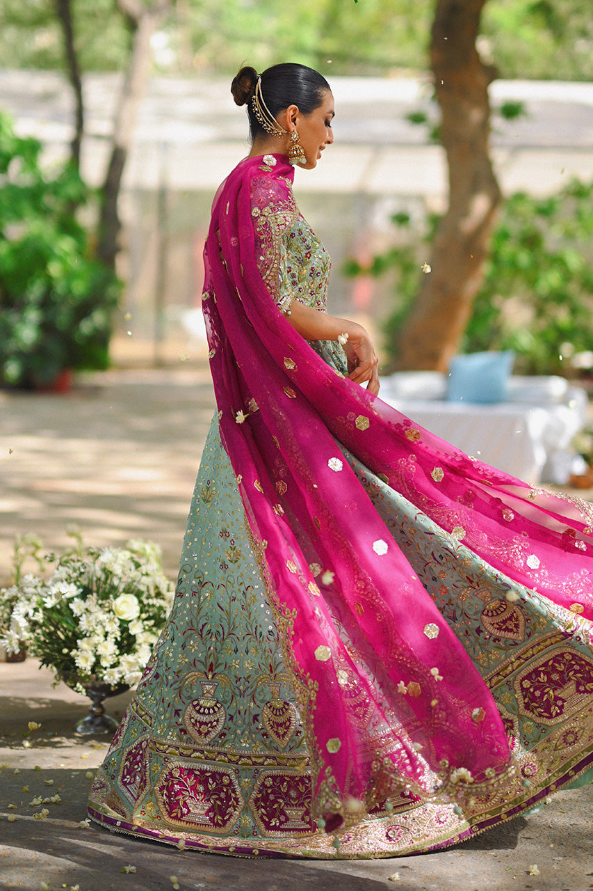 Pakistani Celadon Zardozi Resham Cotton Net Pishwas (2-Piece) - Image 6