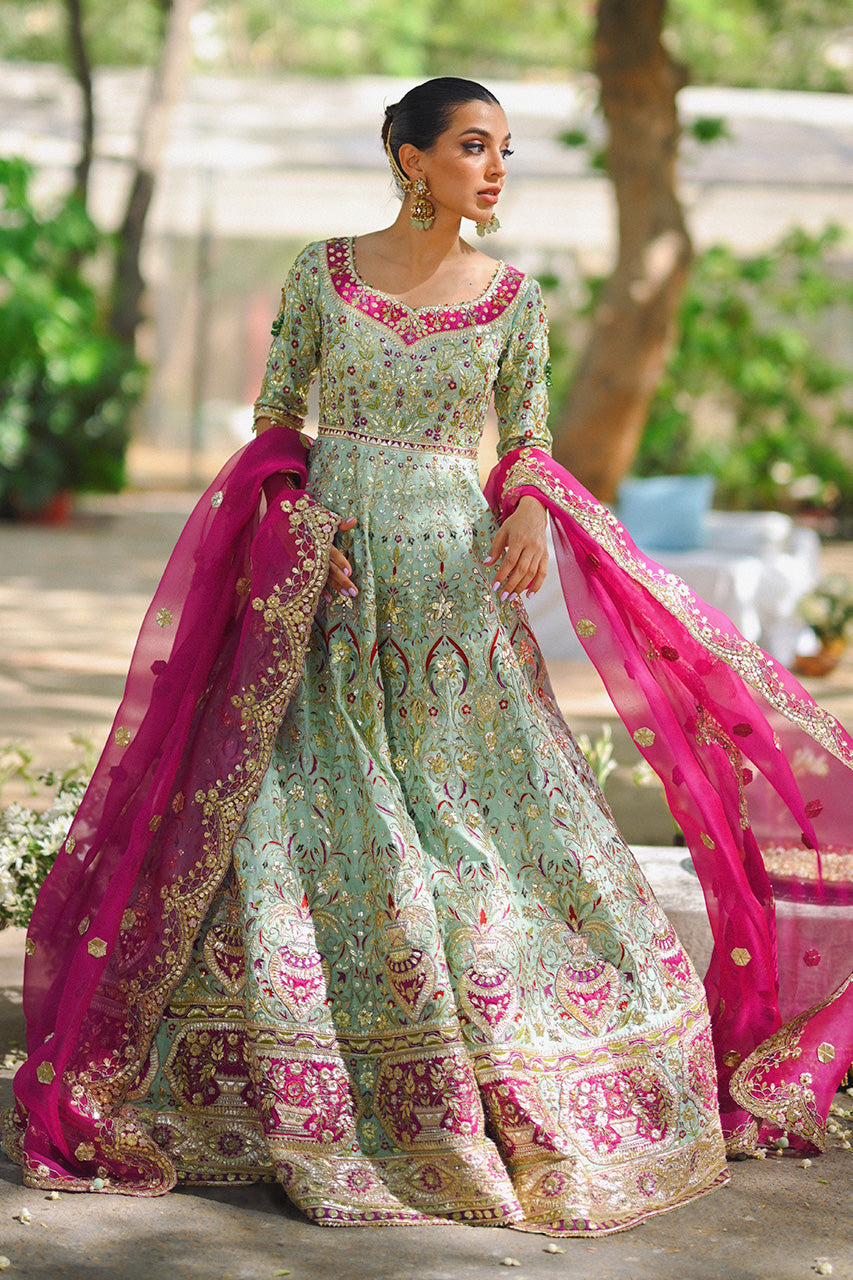 Pakistani Celadon Zardozi Resham Cotton Net Pishwas (2-Piece) - Image 7