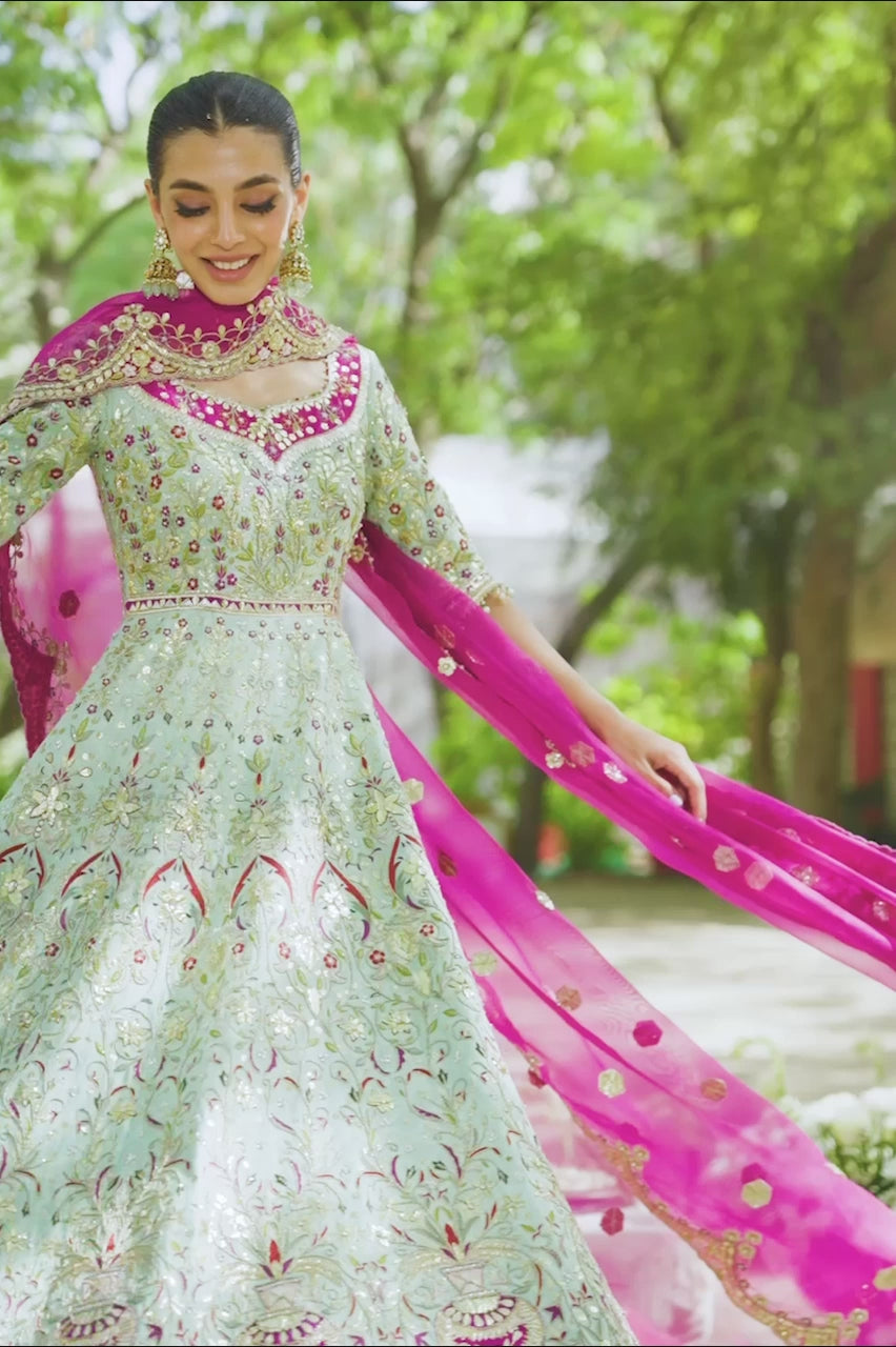 Pakistani Celadon Zardozi Resham Cotton Net Pishwas (2-Piece) - Image 9