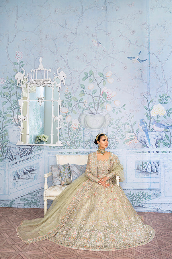 Pakistani Sage Green Embellished Net Pishwas Dress (3-Piece) - Image 5