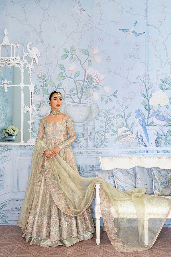 Indian Sage Green Embellished Net Pishwas Dress (3-Piece) - Image 3