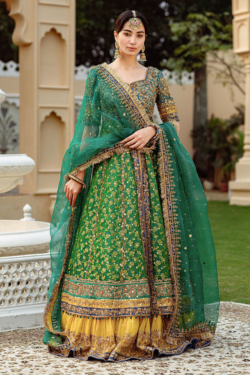 Pakistani Green and Blue Embroidered Jamawar Pishwas (3-Piece) - Image 1