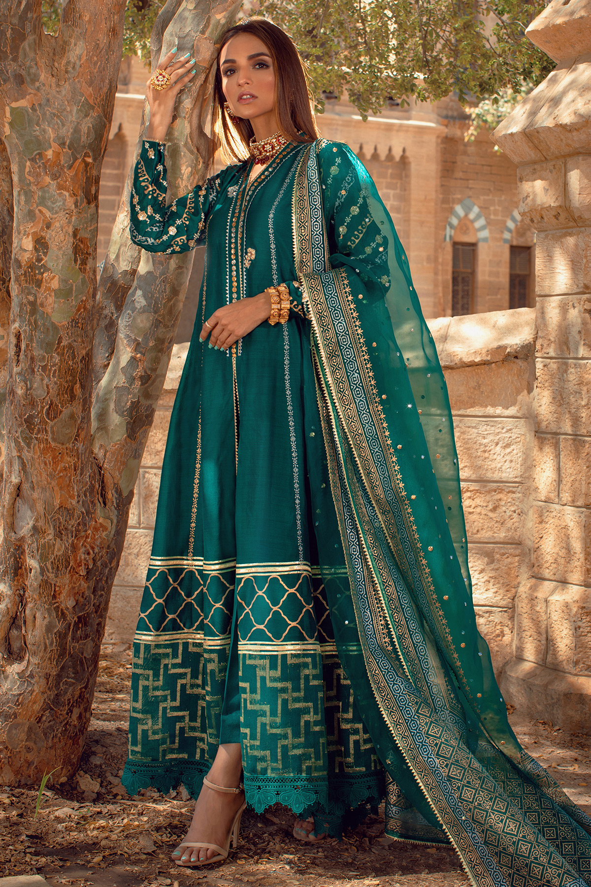 Pakistani Emerald Handworked Pure Khaadi Silk Pishwas (3-Piece) - Image 1