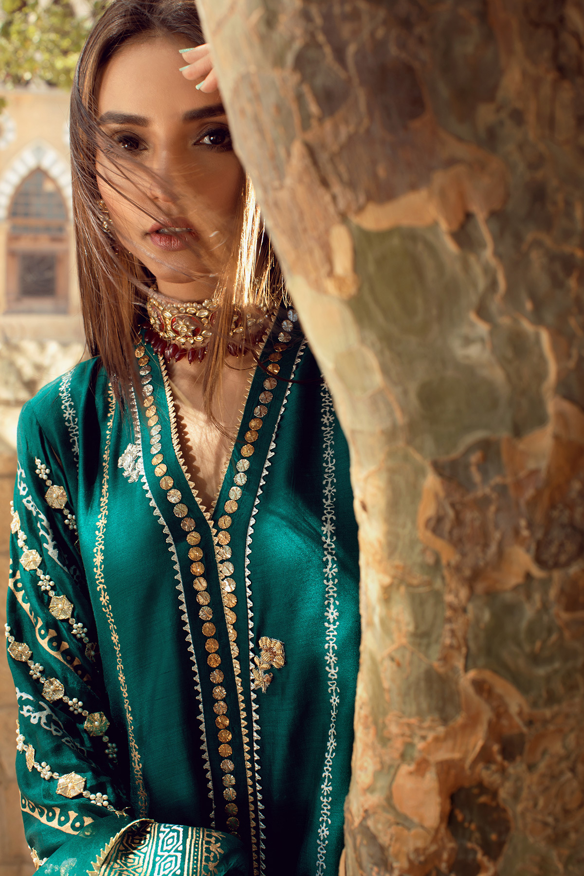 Pakistani Emerald Handworked Pure Khaadi Silk Pishwas (3-Piece) - Image 4