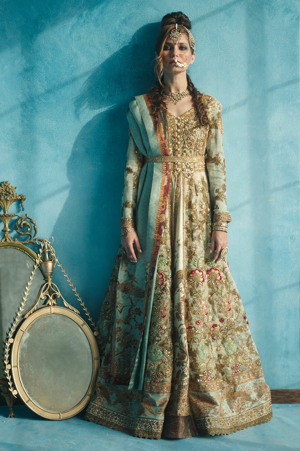 Green Embroidered Khadi Net & Raw Silk Pishwaz (2-Piece) - Image 1