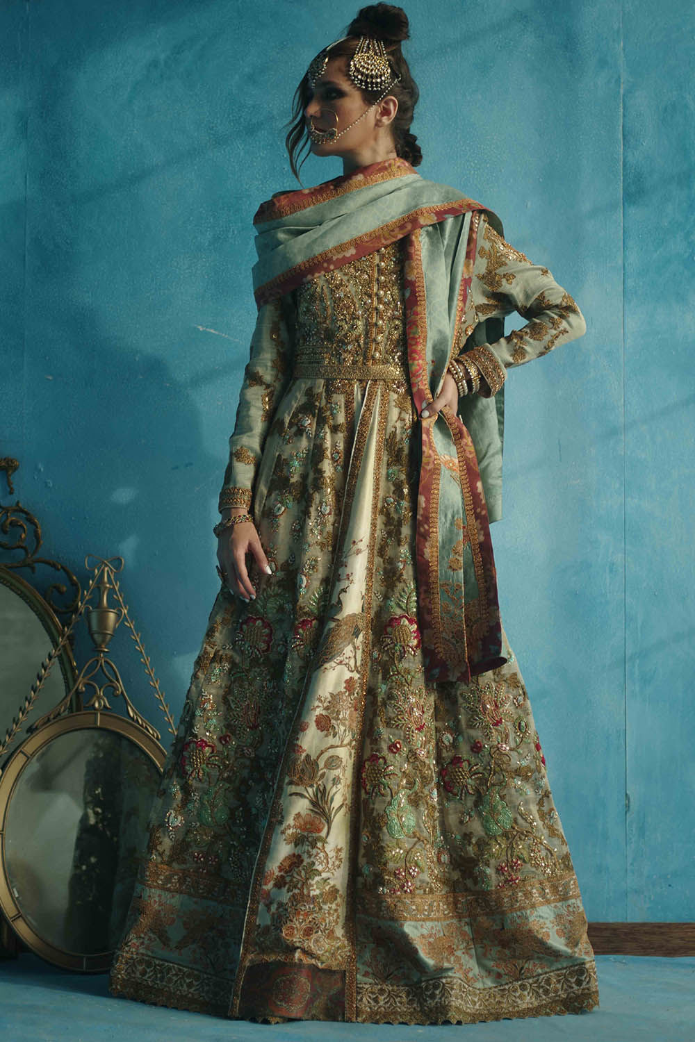 Green Embroidered Khadi Net & Raw Silk Pishwaz (2-Piece) - Image 2