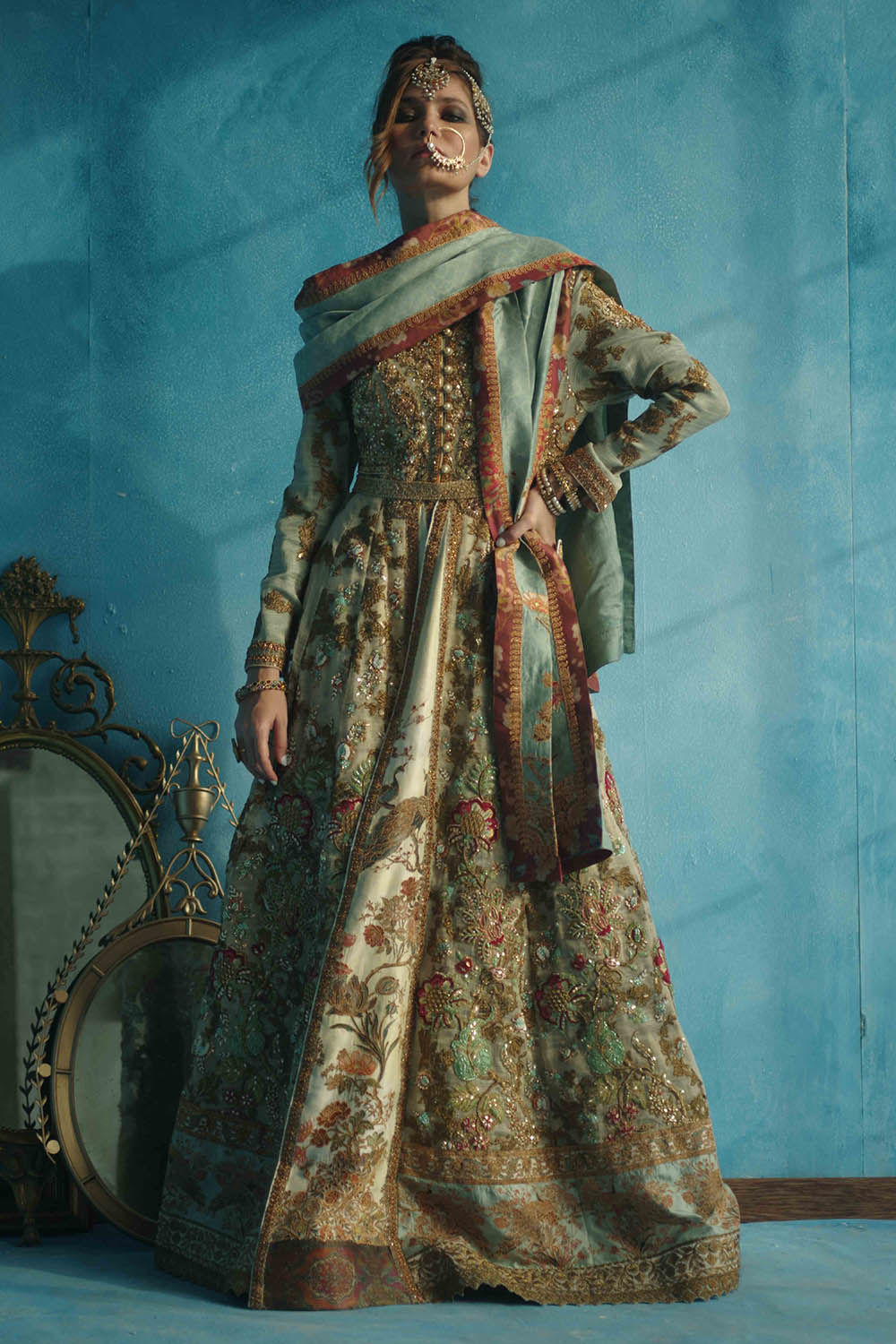 Green Embroidered Khadi Net & Raw Silk Pishwaz (2-Piece) - Image 3