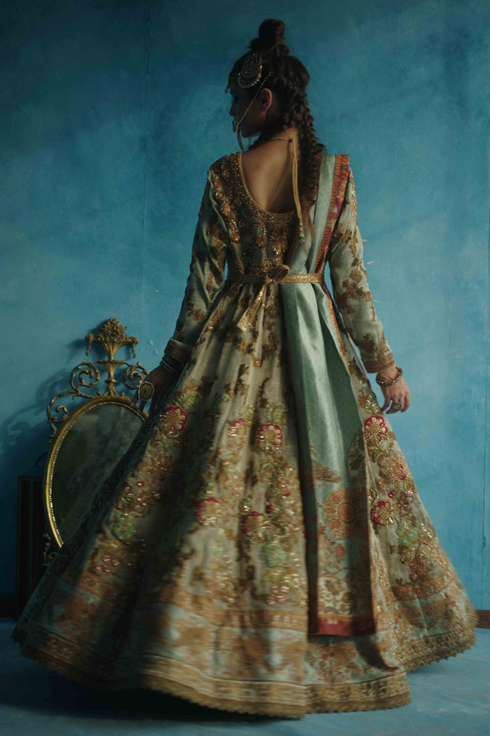 Green Embroidered Khadi Net & Raw Silk Pishwaz (2-Piece) - Image 4