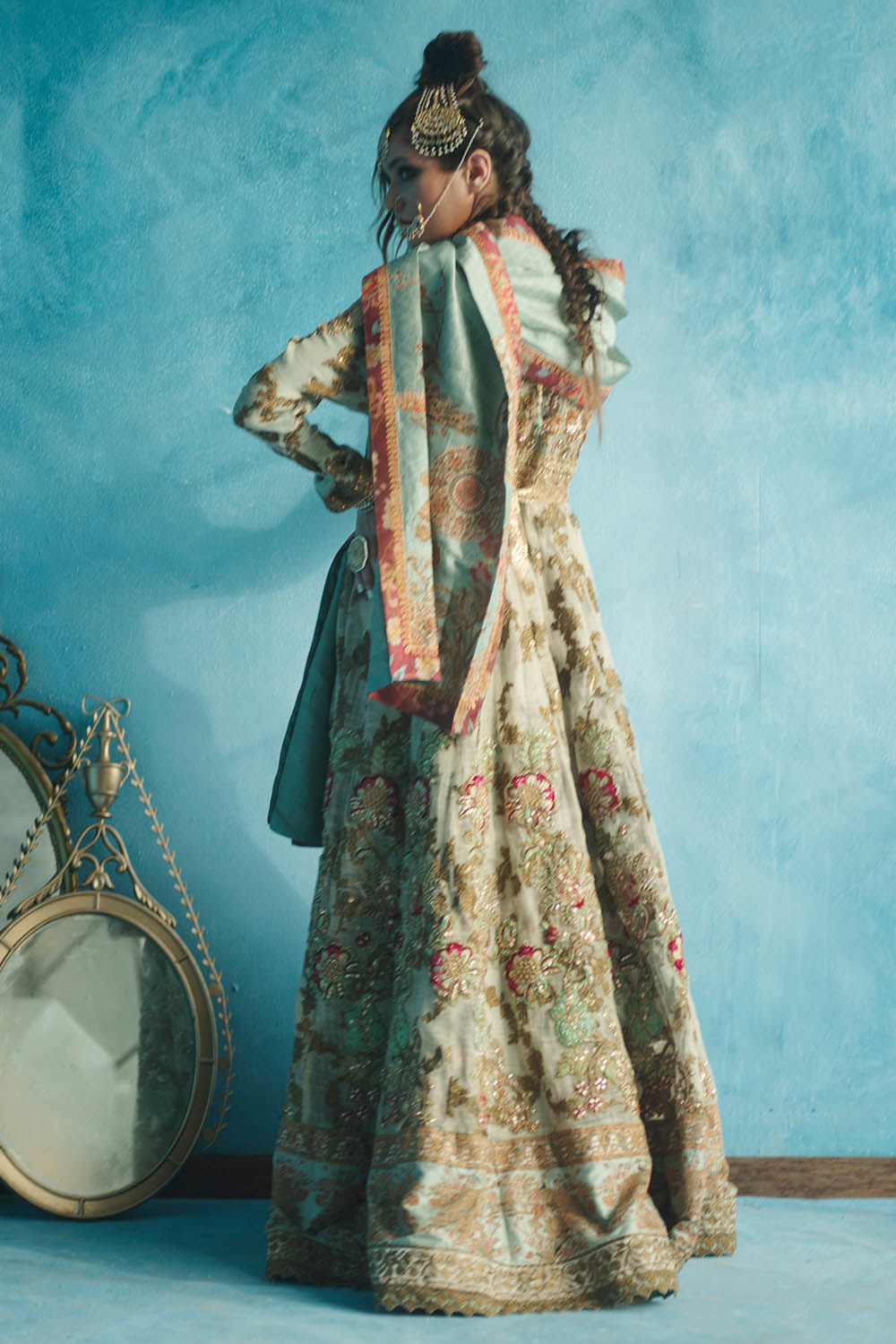 Green Embroidered Khadi Net & Raw Silk Pishwaz (2-Piece) - Image 5