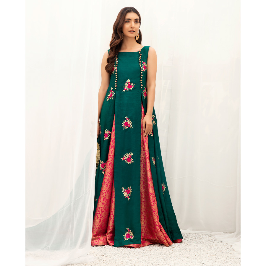 Emerald Green Embroidered Korean Raw Silk Pishwas (3-Piece) - Image 1