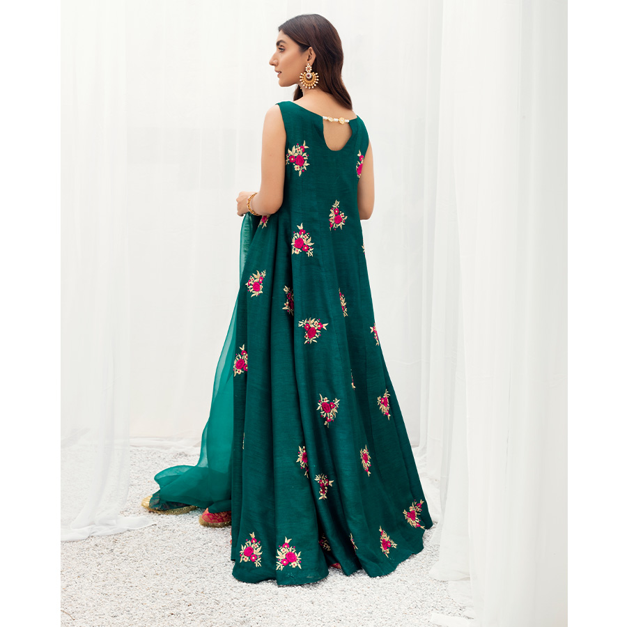 Emerald Green Embroidered Korean Raw Silk Pishwas (3-Piece) - Image 3