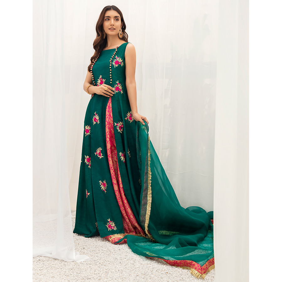 Emerald Green Embroidered Korean Raw Silk Pishwas (3-Piece) - Image 4