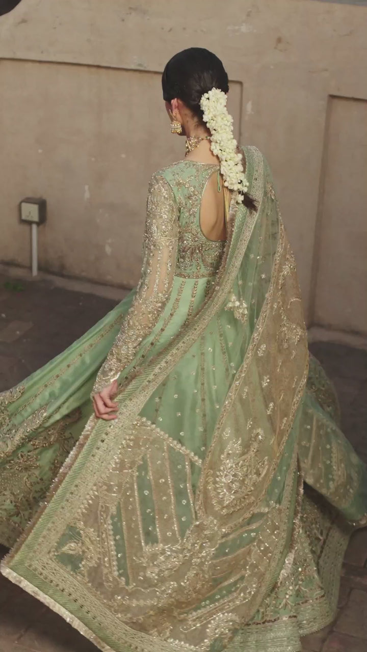 Pistachio Embroidered Korean Raw Silk Pishwas (3-Piece) - Image 8