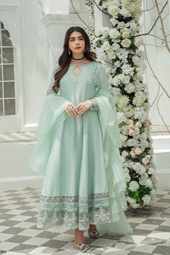 Pakistani Mint Embroidered Korean Silk Pishwas (3-Piece) - Image 1