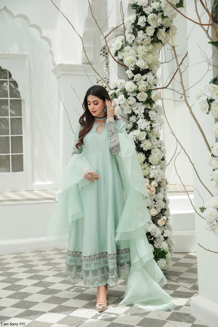 Pakistani Mint Embroidered Korean Silk Pishwas (3-Piece) - Image 2