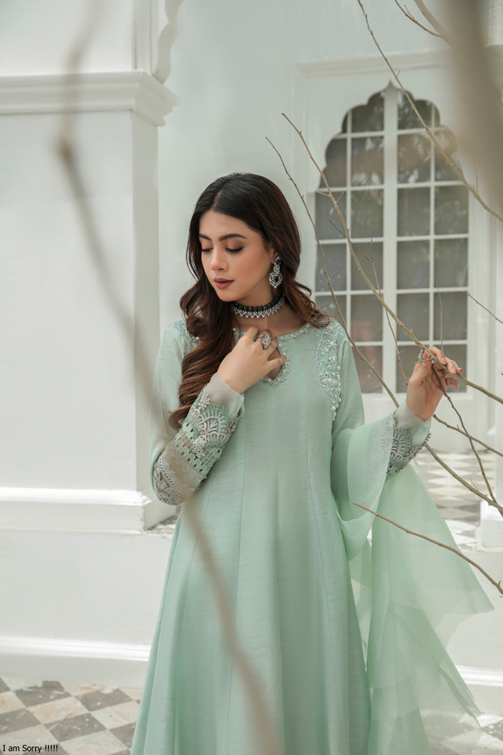 Pakistani Mint Embroidered Korean Silk Pishwas (3-Piece) - Image 3